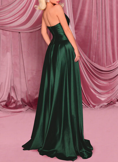 A-Line Sweetheart Sleeveless Sweep Train Satin Evening Dresses With Pleated