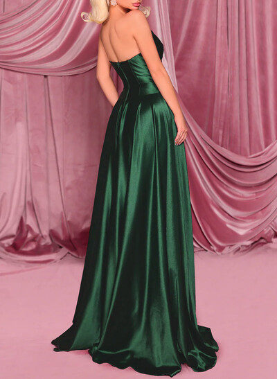 A-Line Sweetheart Sleeveless Sweep Train Satin Evening Dresses With Pleated