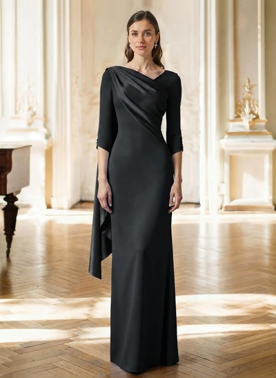 Sheath Column Asymmetrical 3/4 Sleeves Sweep Train Satin Evening Dresses With Sweeping Side Drape Shoulder Ruffle