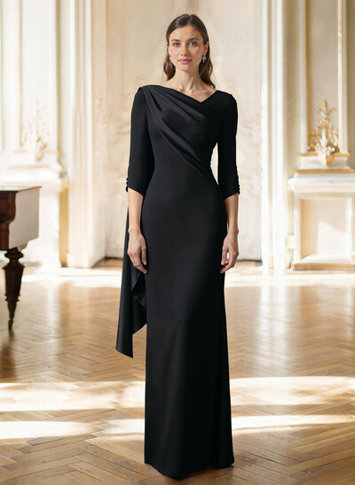 Sheath Column Asymmetrical 3/4 Sleeves Sweep Train Satin Evening Dresses With Sweeping Side Drape Shoulder Ruffle
