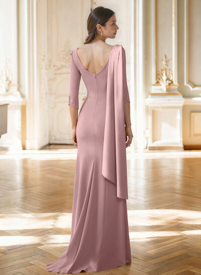 Sheath Column Asymmetrical 3/4 Sleeves Sweep Train Satin Evening Dresses With Sweeping Side Drape Shoulder Ruffle