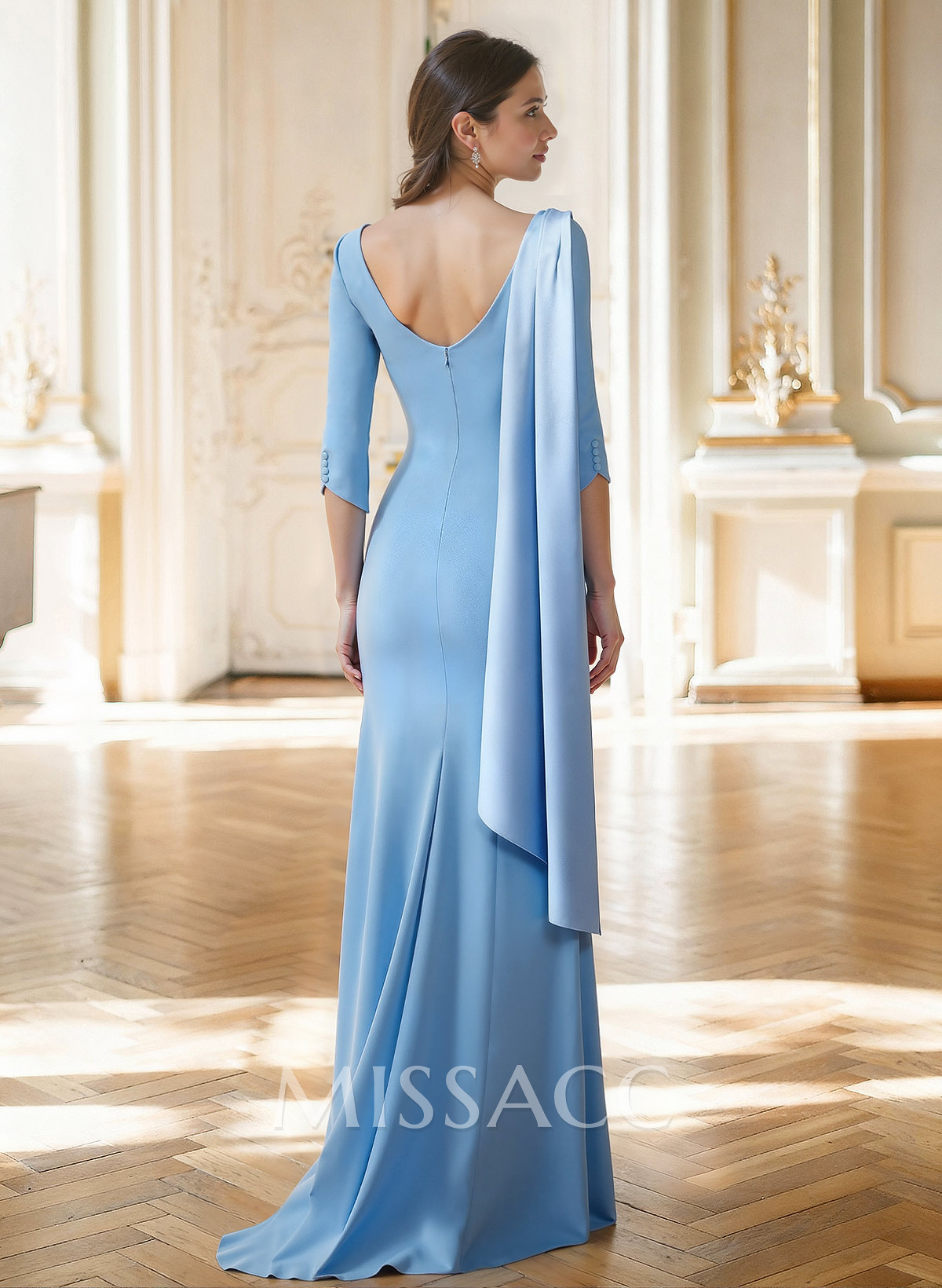 Sheath Column Asymmetrical 3/4 Sleeves Sweep Train Satin Evening Dresses With Sweeping Side Drape Shoulder Ruffle