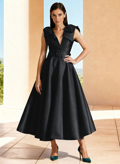 Ball-Gown V-Neck Sleeveless Ankle-Length Satin Evening Dresses With Bow(s) Shoulder Ruffle