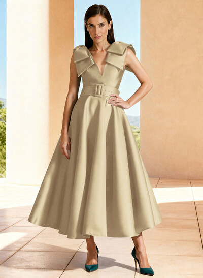 Ball-Gown V-Neck Sleeveless Ankle-Length Satin Evening Dresses With Bow(s) Shoulder Ruffle