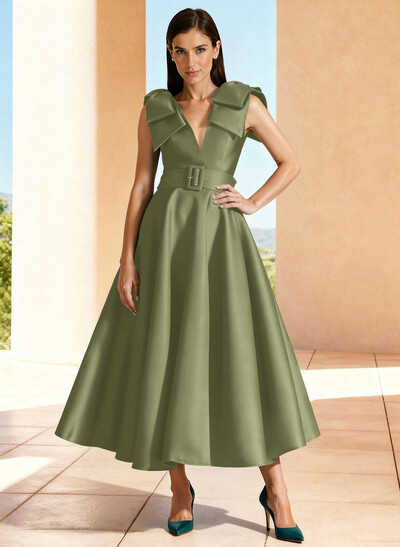 Ball-Gown V-Neck Sleeveless Ankle-Length Satin Evening Dresses With Bow(s) Shoulder Ruffle
