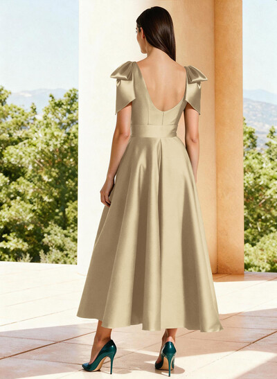 Ball-Gown V-Neck Sleeveless Ankle-Length Satin Evening Dresses With Bow(s) Shoulder Ruffle