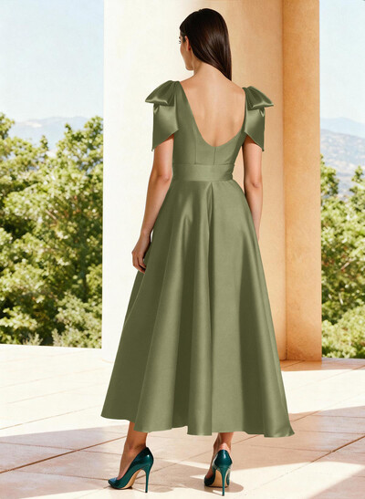 Ball-Gown V-Neck Sleeveless Ankle-Length Satin Evening Dresses With Bow(s) Shoulder Ruffle