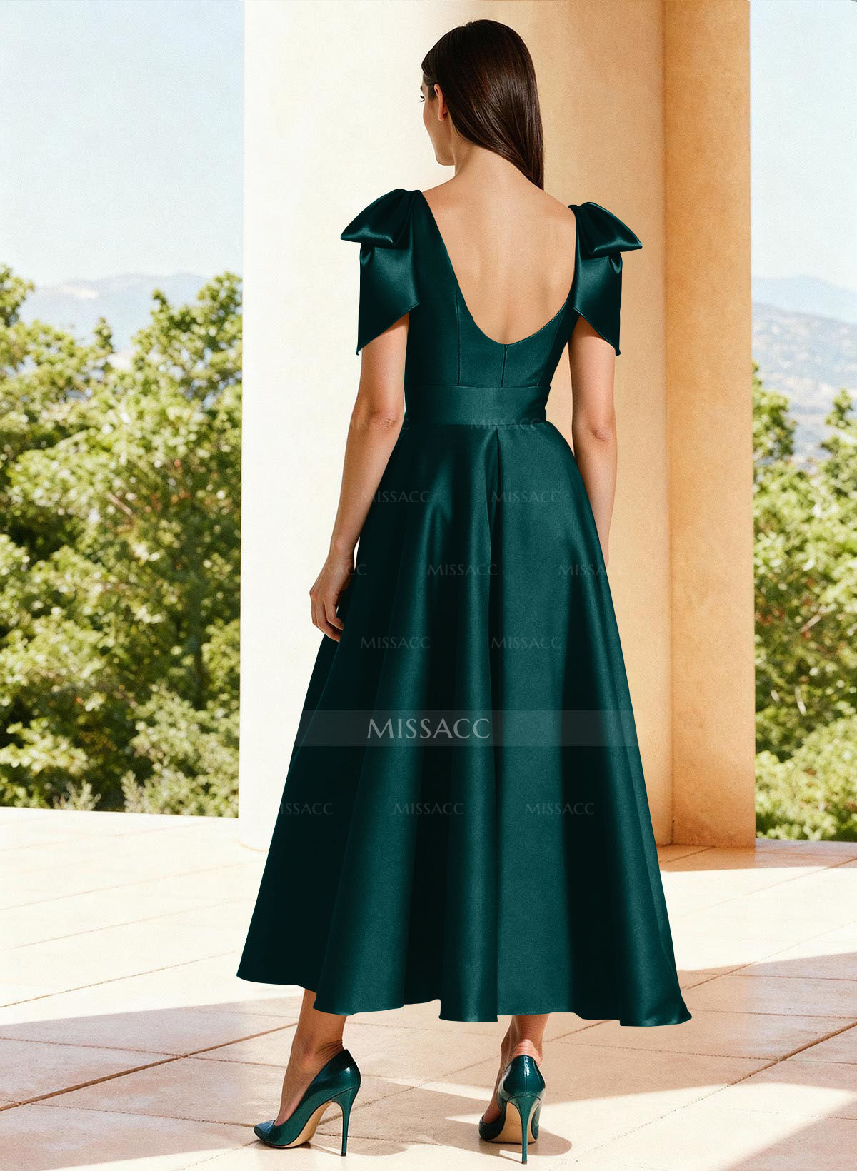 Ball-Gown V-Neck Sleeveless Ankle-Length Satin Evening Dresses With Bow(s) Shoulder Ruffle