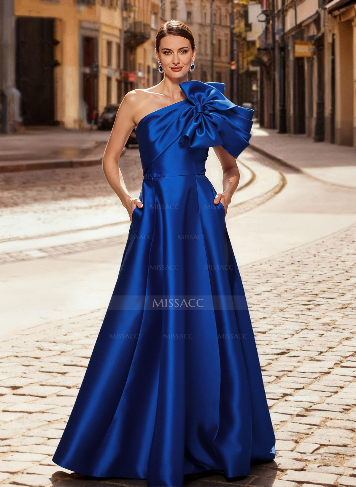 A-Line One-Shoulder Sleeveless Floor-Length Satin Evening Dresses With Bow(s)/Pockets