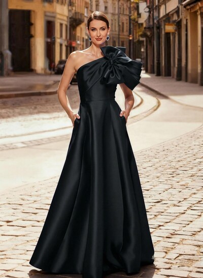 A-Line One-Shoulder Sleeveless Floor-Length Satin Evening Dresses With Bow(s)/Pockets