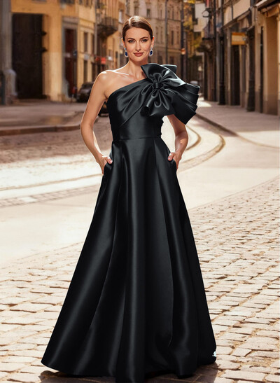 A-Line One-Shoulder Sleeveless Floor-Length Satin Evening Dresses With Bow(s)/Pockets