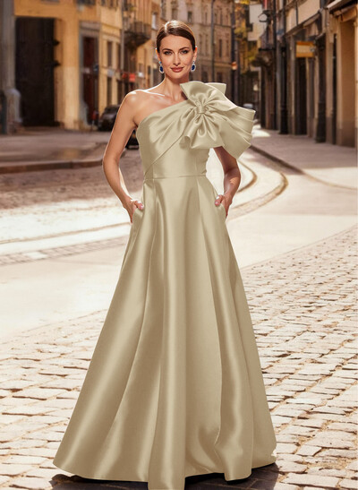 A-Line One-Shoulder Sleeveless Floor-Length Satin Evening Dresses With Bow(s)/Pockets