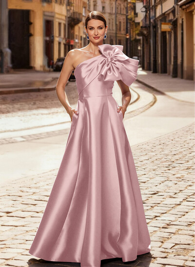 A-Line One-Shoulder Sleeveless Floor-Length Satin Evening Dresses With Bow(s)/Pockets