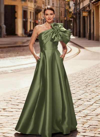 A-Line One-Shoulder Sleeveless Floor-Length Satin Evening Dresses With Bow(s)/Pockets