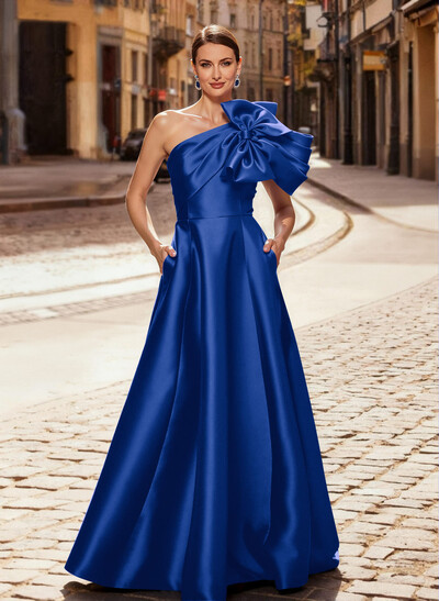 A-Line One-Shoulder Sleeveless Floor-Length Satin Evening Dresses With Bow(s)/Pockets