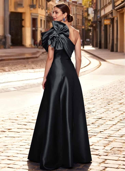A-Line One-Shoulder Sleeveless Floor-Length Satin Evening Dresses With Bow(s)/Pockets