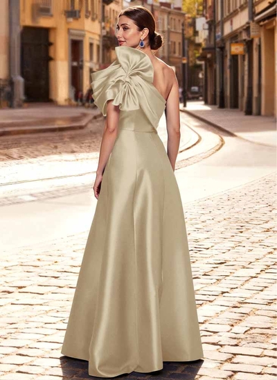 A-Line One-Shoulder Sleeveless Floor-Length Satin Evening Dresses With Bow(s)/Pockets