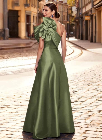 A-Line One-Shoulder Sleeveless Floor-Length Satin Evening Dresses With Bow(s)/Pockets