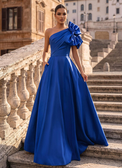 A-Line One-Shoulder Sleeveless Floor-Length Satin Evening Dresses With Bow(s)/Pockets
