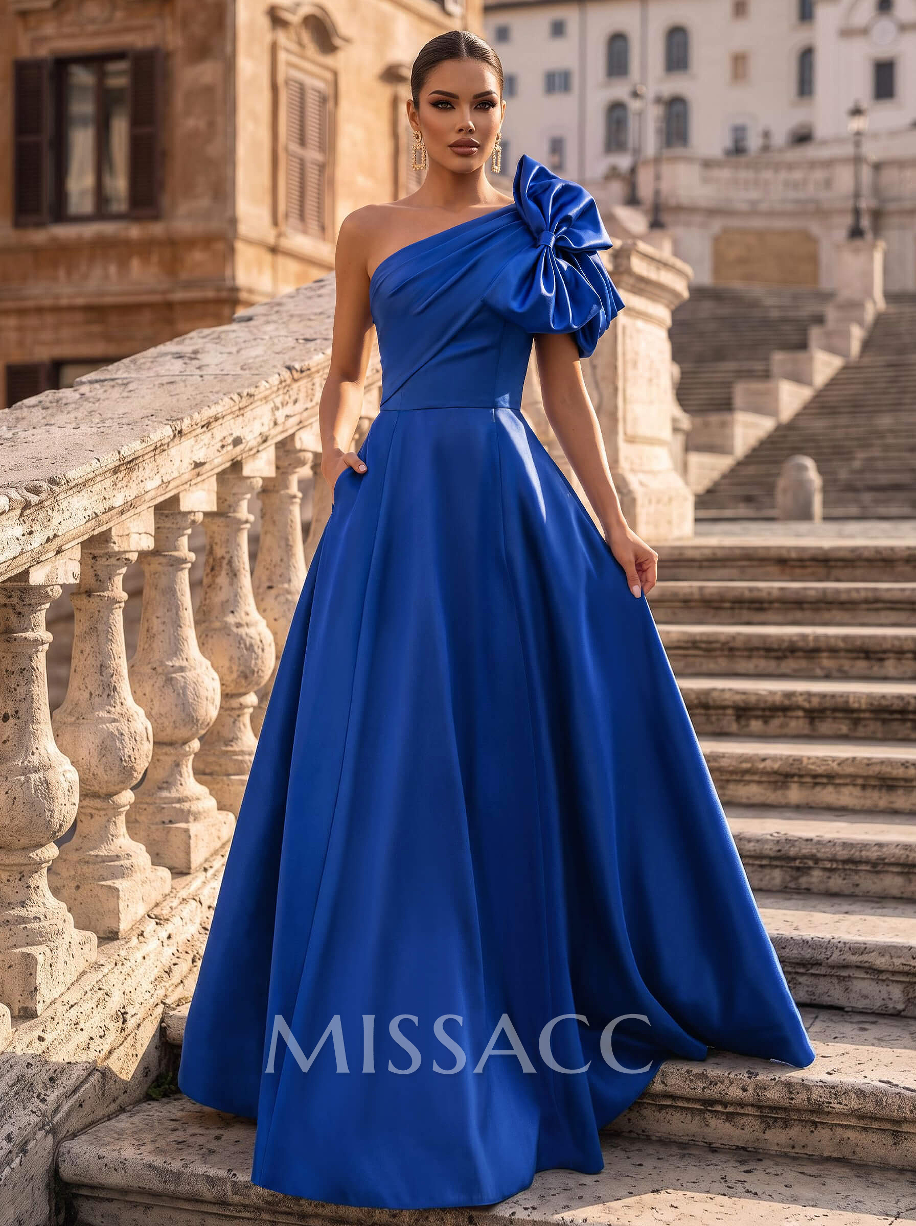 A-Line One-Shoulder Sleeveless Floor-Length Satin Evening Dresses With Bow(s)/Pockets A-Line One-Shoulder Sleeveless Floor-Length Satin Evening Dresses With Bow(s)/Pockets