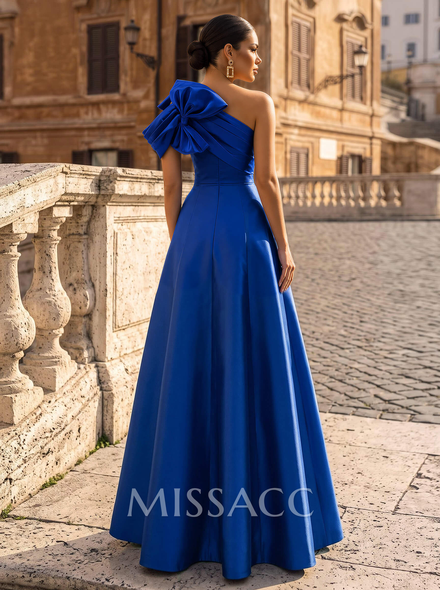 A-Line One-Shoulder Sleeveless Floor-Length Satin Evening Dresses With Bow(s)/Pockets A-Line One-Shoulder Sleeveless Floor-Length Satin Evening Dresses With Bow(s)/Pockets