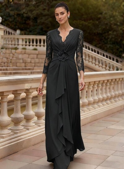 Sheath/Column V-Neck 3/4 Sleeves Floor-Length Lace/Elastic Satin Evening Dresses With Cascading Ruffles/Lace/Flower(s)