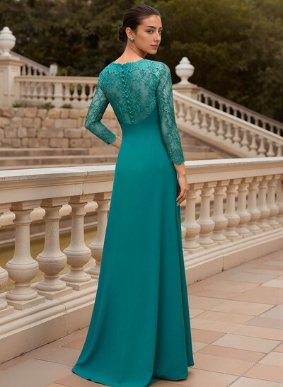 Sheath/Column V-Neck 3/4 Sleeves Floor-Length Lace/Elastic Satin Evening Dresses With Cascading Ruffles/Lace/Flower(s)