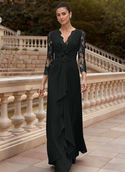 Sheath/Column V-Neck 3/4 Sleeves Floor-Length Lace/Elastic Satin Evening Dresses With Cascading Ruffles/Lace/Flower(s)