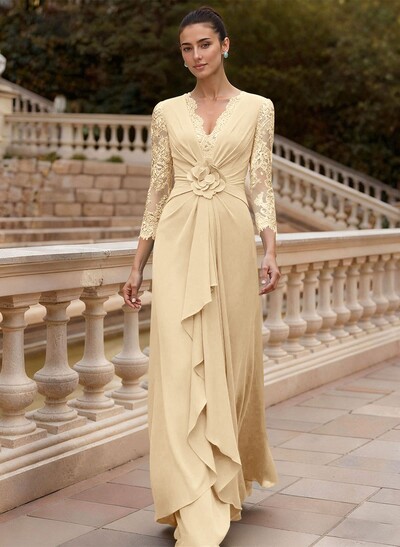Sheath/Column V-Neck 3/4 Sleeves Floor-Length Lace/Elastic Satin Evening Dresses With Cascading Ruffles/Lace/Flower(s)