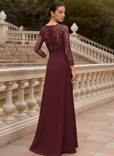 Sheath/Column V-Neck 3/4 Sleeves Floor-Length Lace/Elastic Satin Evening Dresses With Cascading Ruffles/Lace/Flower(s)