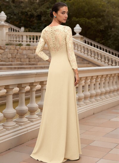 Sheath/Column V-Neck 3/4 Sleeves Floor-Length Lace/Elastic Satin Evening Dresses With Cascading Ruffles/Lace/Flower(s)