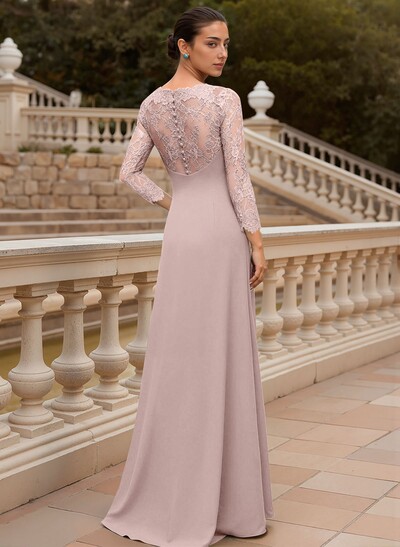 Sheath/Column V-Neck 3/4 Sleeves Floor-Length Lace/Elastic Satin Evening Dresses With Cascading Ruffles/Lace/Flower(s)