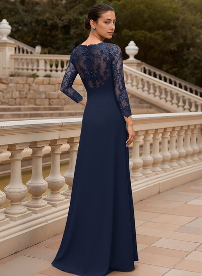 Sheath/Column V-Neck 3/4 Sleeves Floor-Length Lace/Elastic Satin Evening Dresses With Cascading Ruffles/Lace/Flower(s)
