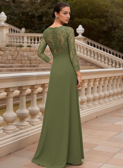 Sheath/Column V-Neck 3/4 Sleeves Floor-Length Lace/Elastic Satin Evening Dresses With Cascading Ruffles/Lace/Flower(s)