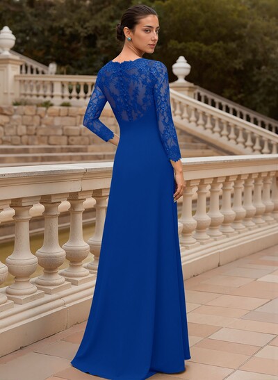 Sheath/Column V-Neck 3/4 Sleeves Floor-Length Lace/Elastic Satin Evening Dresses With Cascading Ruffles/Lace/Flower(s)