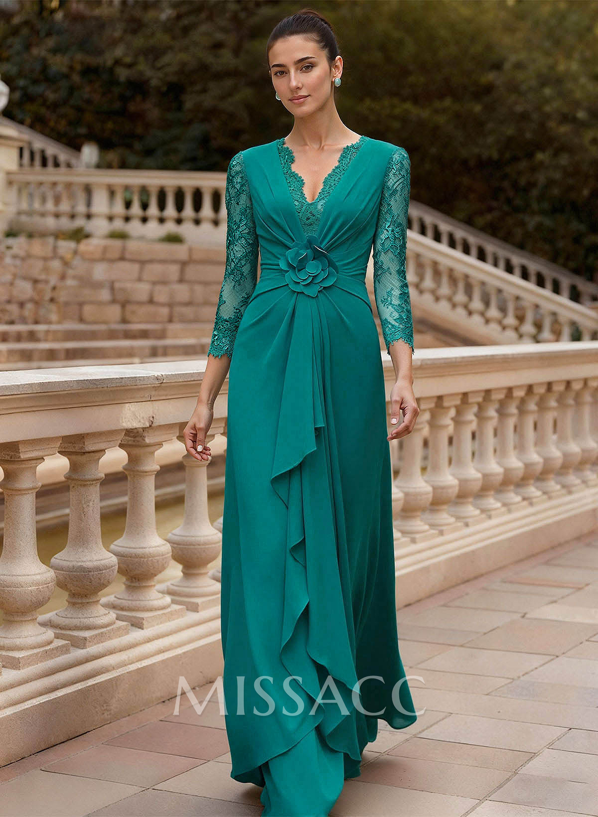 Sheath/Column V-Neck 3/4 Sleeves Floor-Length Lace/Elastic Satin Evening Dresses With Cascading Ruffles/Lace/Flower(s)