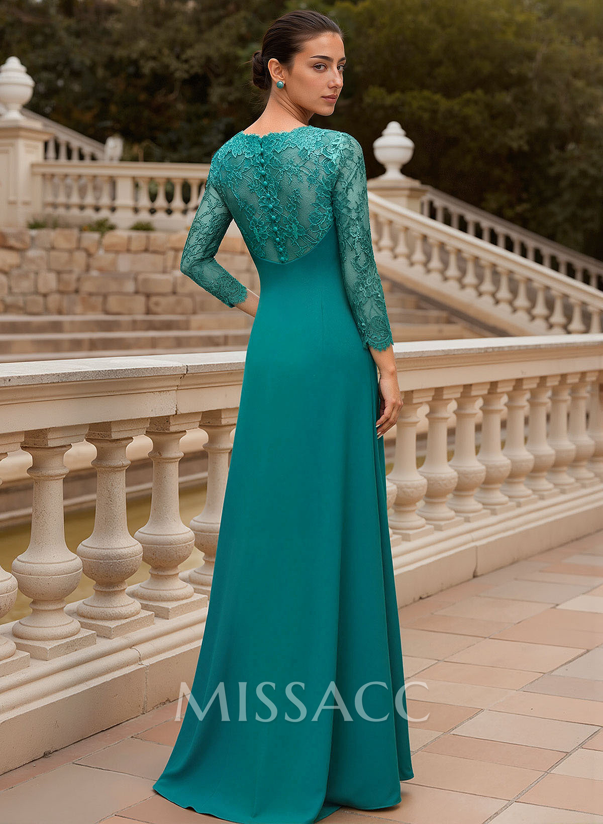 Sheath/Column V-Neck 3/4 Sleeves Floor-Length Lace/Elastic Satin Evening Dresses With Cascading Ruffles/Lace/Flower(s)