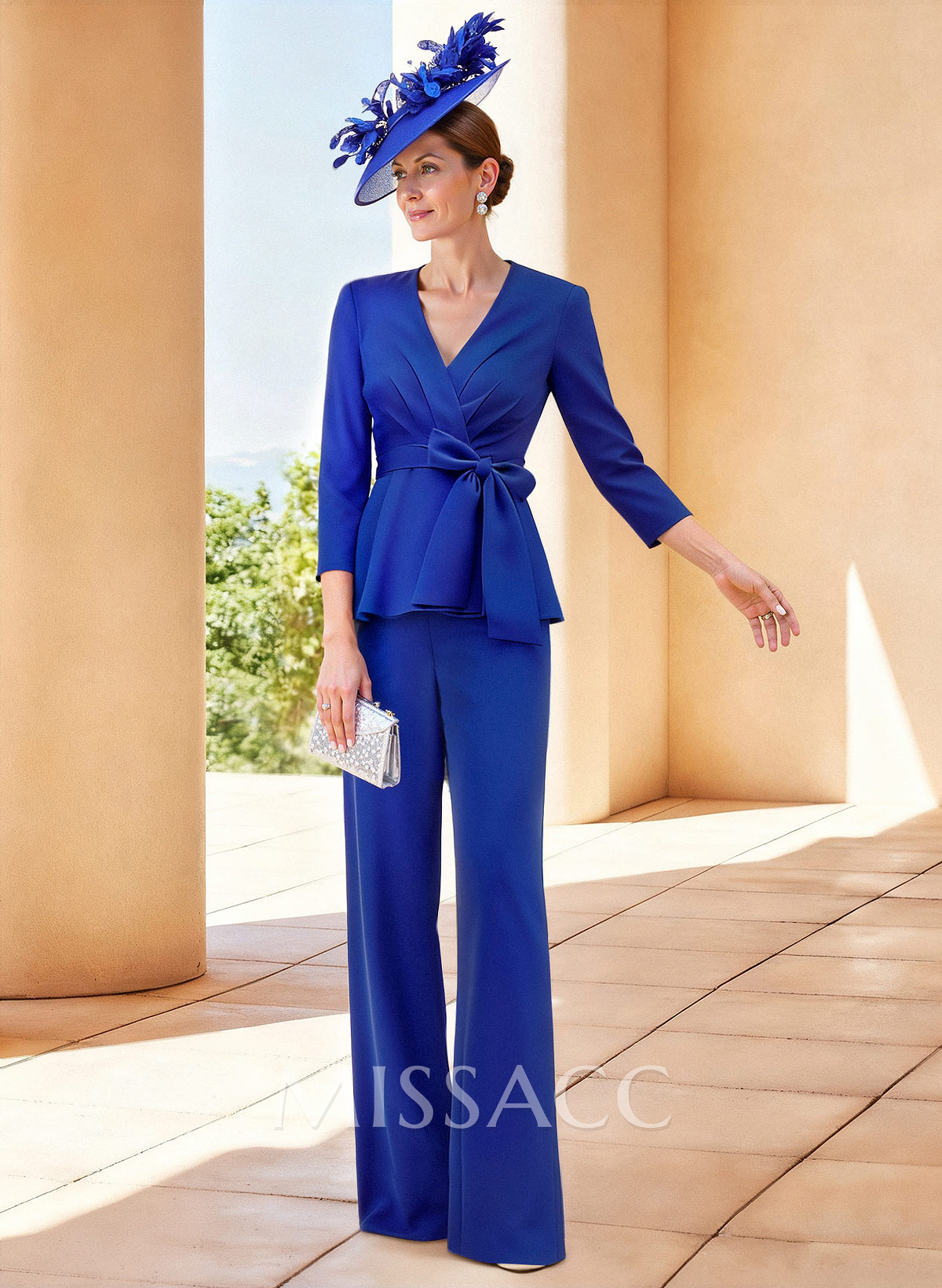Jumpsuit/Pantsuit V-Neck 3/4 Sleeves Detachable Crepe Satin Evening Dresses With Bow(s)