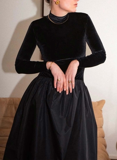 A-Line High Neck Long Sleeves Tea-Length Satin/Velvet Evening Dresses