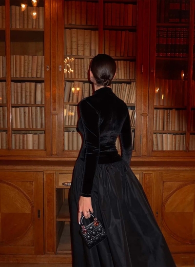 A-Line High Neck Long Sleeves Tea-Length Satin/Velvet Evening Dresses