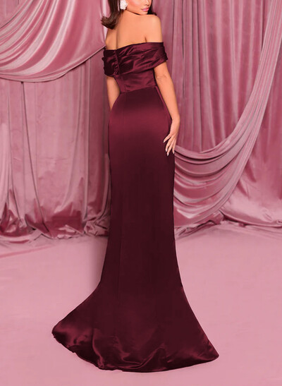 Sheath/Column Off-The-Shoulder Sleeveless Floor-Length Satin Evening Dresses With Pockets