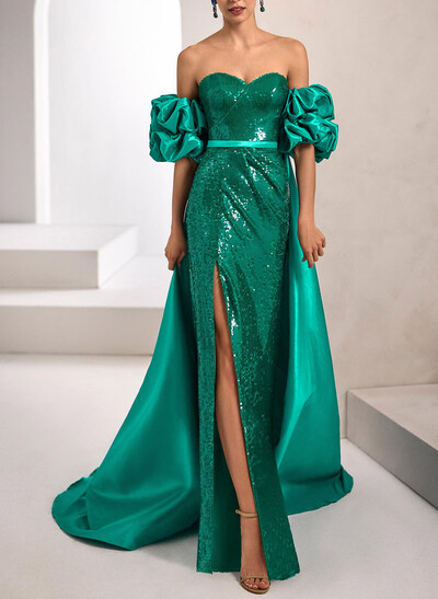 A-Line Sweetheart Detachable Sleeves Floor-Length Satin/Sequined Evening Dresses With Split Front/Sequins