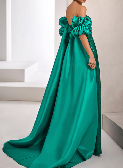 A-Line Sweetheart Detachable Sleeves Floor-Length Satin/Sequined Evening Dresses With Split Front/Sequins