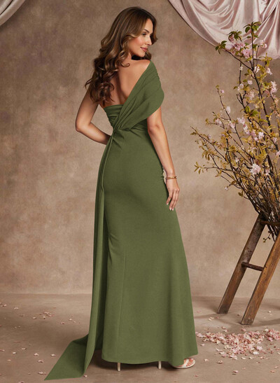 Sheath/Column Asymmetrical Sleeveless Floor-Length Elastic Satin Evening Dresses With Sweeping Side Drape