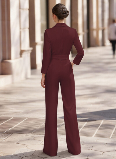 Jumpsuit/Pantsuit V-Neck Long Sleeves Floor-Length Elastic Satin Evening Dresses With Pockets