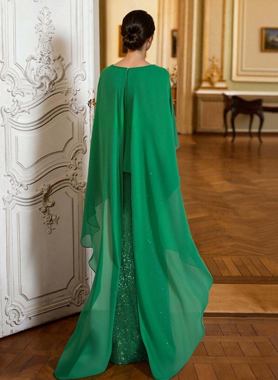 Sheath/Column Scoop Neck Cape Sleeves Floor-Length Chiffon/Sequined(N Evening Dresses With Ruffle/Sweeping Side Drape