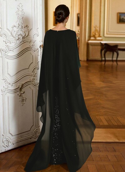 Sheath/Column Scoop Neck Cape Sleeves Floor-Length Chiffon/Sequined(N Evening Dresses With Ruffle/Sweeping Side Drape