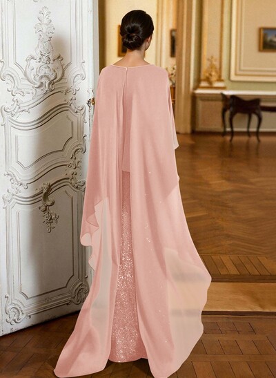Sheath/Column Scoop Neck Cape Sleeves Floor-Length Chiffon/Sequined(N Evening Dresses With Ruffle/Sweeping Side Drape