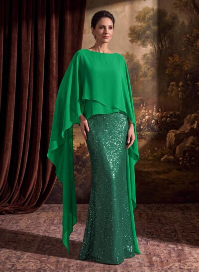 Sheath/Column Scoop Neck Cape Sleeves Floor-Length Chiffon/Sequined(N Evening Dresses With Ruffle/Sweeping Side Drape