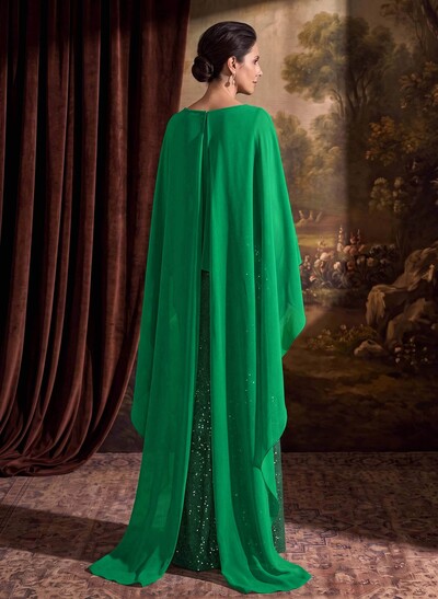 Sheath/Column Scoop Neck Cape Sleeves Floor-Length Chiffon/Sequined(N Evening Dresses With Ruffle/Sweeping Side Drape